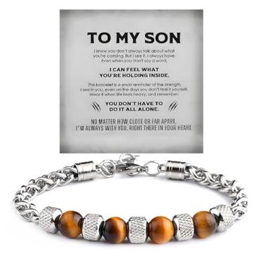 Imagem de DIOWUS The Guardian - Pulseira masculina de proteção para os olhos de tigre do filho, To My Son, da Mom Pedra Natural Leão com contas pretas de aço inoxidável, joia presente para aniversário e Natal