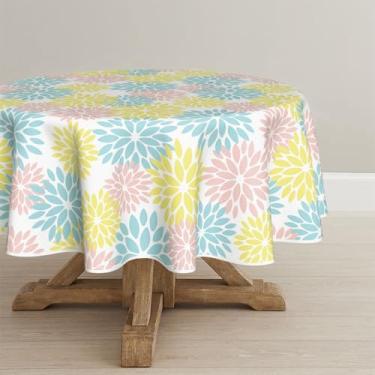 Imagem de Horaldaily Toalha de mesa de dália amarela rosa azul 177 × 177 cm redonda, decoração de flores de geometria moderna, toalha de mesa para cozinha, toalha de mesa sazonal lavável para decoração de festa
