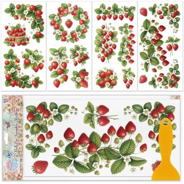 Imagem de GLOBLELAND 4 folhas de adesivos coloridos de transferência de morango para móveis decalques de transferência de frutas de 30 x 15 cm, adesivos autoadesivos de flores de morango para quarto, sala de