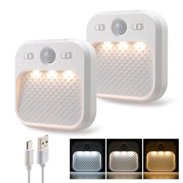 Imagem de Luz noturna LED com detector de movimento, pacote com 2, luz de armário regulável com função de temporizador, iluminação de escada 3 temperaturas de cor 3000/4500/6000K, luz de corredor recarregável