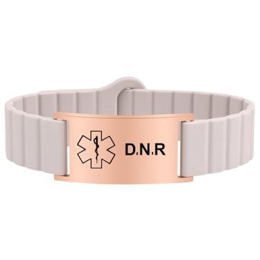 Imagem de Pulseira de alerta médico para mulheres e homens, pulseira de identificação de alerta médico ajustável à prova d'água para DNR branco e ouro rosa