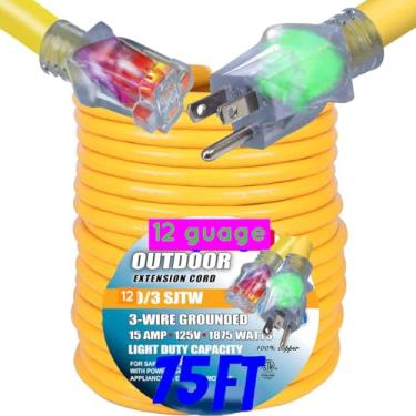 Imagem de Cabo de extensão resistente 12/3, cabos de extensão de calibre 12 de 23 metros, classificados até 1875 watts, 125 V, 15 amp, SJTW, iluminação interna/externa, cabo aterrado de calibre 12 listado pela