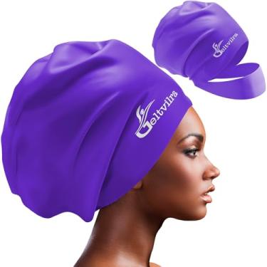 Imagem de Touca de natação extra grande de silicone impermeável com faixa de cabeça para tranças e dreadlocks, mulheres negras, meninas, homens com cabelo comprido