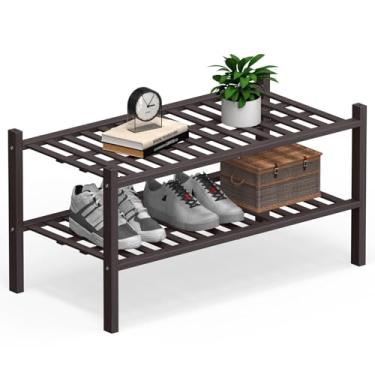 Imagem de Haddockway Organizador grande de armazenamento de sapatos de bambu de 2 níveis, prateleira empilhável multifuncional com painel de grade para armário, corredor, entrada, espaço pequeno 68,5 x 30,5 x