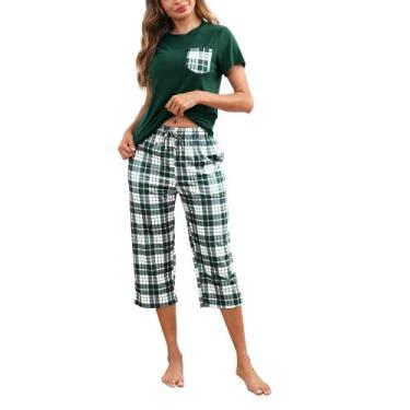 Imagem de Conjunto de pijamas femininos Mchodare Capri de manga curta verde