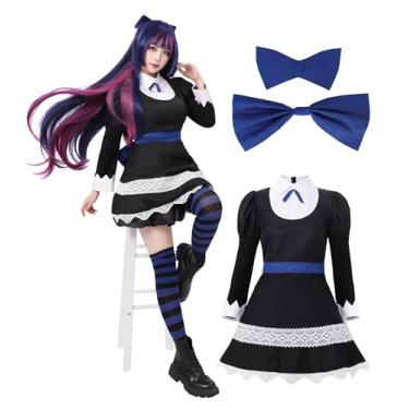 Imagem de DAZCOS Fantasia feminina anime cosplay preto azul vestido de empregada meia conjunto completo para Halloween, Azul e preto, P