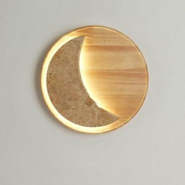 Imagem de Candeeiro de parede 30 cm arandelas redondas de madeira estilo japonês retro amarelo travertino luz 24W 3000K lâmpadas para cabeceira (madeira maciça)