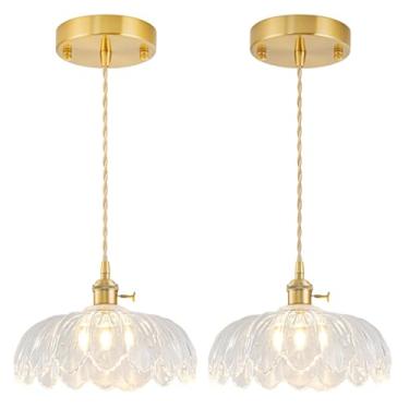 Imagem de Pacote com 2 luzes pendentes de vidro, ilha de cozinha, luminárias pendentes de latão vintage, iluminação pendente de cozinha transparente ajustável sobre a ilha para quarto, sala de estar, corredor