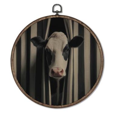 Imagem de Giosve Dark Academia Moody Cow Round Wall Art Canvas Poster emoldurado, vintage preto e branco listrado vaca animal pendurado esculturas de parede para decoração de casa, quarto, sala de estar, 25 x