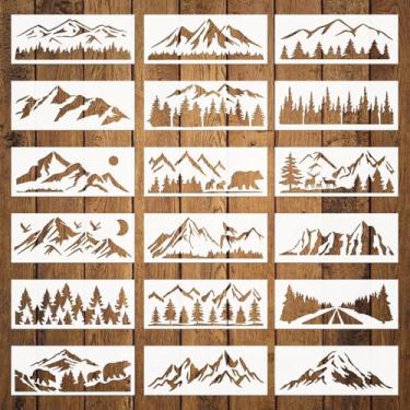 Imagem de ORIGACH 18 peças 29 x 12 cm, estêncil de animal de pinheiro, montanha, estêncil, cenário de montanha, modelo de desenho reutilizável para pintura em paredes, móveis, tela