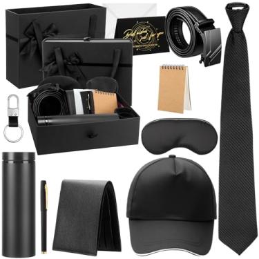 Imagem de AmazingSpark 12 peças de cestas de presente de aniversário para homens caixa de 473 g tumbler carteira máscara de olho couro PU cinto gravata chaveiro caneta diário chapéu conjunto de cartão para pai