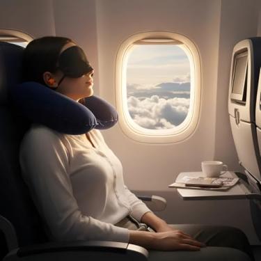 Imagem de Conjunto de Viagem Inflável em PVC Veludo, Almofada de Pescoço 32x38cm, Tapa Olho 8x18cm, Protetor Auricular, Kit para Descanso e Relaxamento em Viagens e Escritório