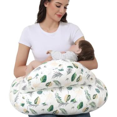 Imagem de Almofada de amamentação para amamentação, essencial para recém-nascido, mais suporte para mãe e bebê, com alça ajustável na cintura e capa de algodão removível (folhas verdes)