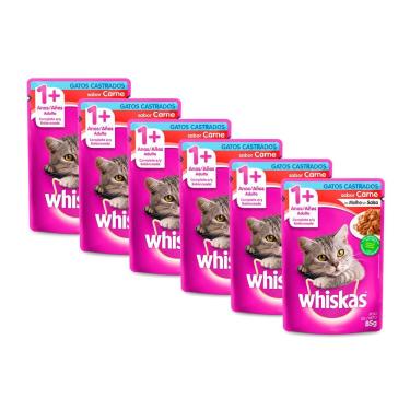 Imagem de Kit 6 Ração para Gatos Whiska para Gatos Castrados Sabor Carne 85g
