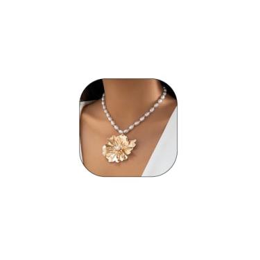 Imagem de Colar feminino com pingente de flor grossa e pérola dourada com pingente de girassol, one size, Zinco, Sem Pedra Preciosa