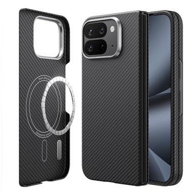 Imagem de JUESHITUO Capa dobrável para Google Pixel 10 Pro, [ultrafina e leve] [fibra de aramida 600D] [apto para MagSafe] Texturas minimalistas de fibra de carbono - menos sensação de toque, capa fina