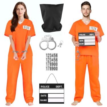 Imagem de RUODON Fantasia de prisioneiro laranja para adultos, 5 peças, com algemas, número de tiro, macacão de prisioneiro, uniforme para Halloween