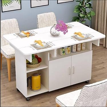 Imagem de Mesa de jantar dobrável moderna, mesa de jantar com folhas caídas, mesa de jantar extensível com gaveta e prateleiras de armazenamento, mesa de jantar com 6 rodas, em 3 formas, economia de espaço