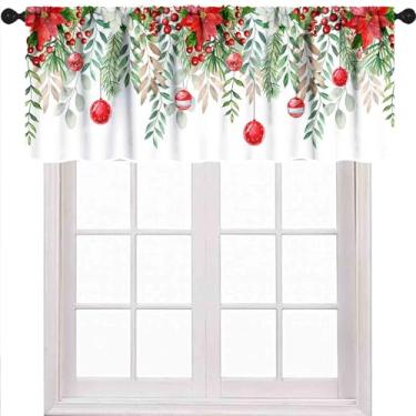 Imagem de Cortinas de Natal para janelas, folhas de eucalipto aquarela, flores vermelhas, tratamento de janela, sanefas para cozinha, sala de estar, quarto, 1 peça, 137 x 45 cm