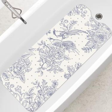 Imagem de SHUCHING Tapete de banheira para adultos antiderrapante 101 x 40 cm, tapete de chuveiro extra longo, antiderrapante, sem molde para banheiro, lavável na máquina, flores e pássaros