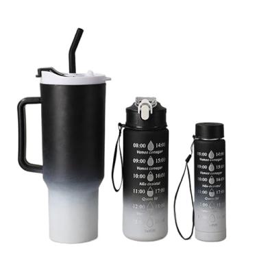 Imagem de Kit 3 Garrafa Copo Tendência Agua Squeeze Com Adesivos Lembretes beber Agua 500-1200ml(KIT 3 PRETO 1200-500-300ML)