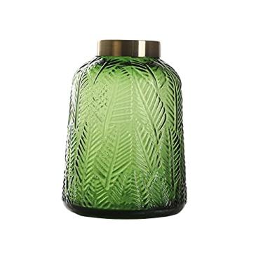 Imagem de CYYHGD Vaso de vidro para flores vaso de vidro esculpido com borda de metal, vaso de arte hidropónica transparente verde para decoração de casa, hotel, floraria, vaso de flor