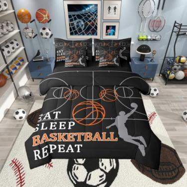 Imagem de Eat Sleep Conjunto de cama Queen, com 7 peças, quadra de basquete, para decoração de quarto de meninos e meninas, temática de jogos esportivos de bola, conjunto de edredom infantil com lençóis