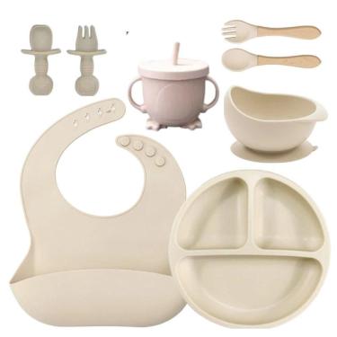 Imagem de Talheres Bebê Silicone 6 Peças Kit Talheres Infantil Com Ventosa Canudo Colher Babador Garfo Bege