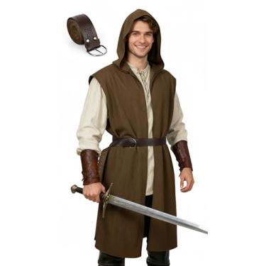 Imagem de Fantasia masculina renascentista com capuz, sobretudo, túnica medieval, sem mangas, capa viking, fantasia Holloween LARP Assassin Cosplay, Marrom, M