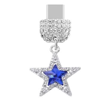 Imagem de ELISE & FONDA TP973 Tipo-C porta de carregamento cristal antipoeira pequena estrela de cristal pingente de telefone celular para iPhone 15/16/Samsung/OnePlus/Xiaomi/oppo telefones Android (azul)