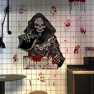 Imagem de Adesivos extragrandes para janela de Dia das Bruxas, 2 folhas de decalques de filme de caveira da morte com estampa de mão sangrenta assassina e cola de terror, decoração de silhueta DIY para uso
