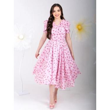Imagem de Vestido feminino Midi com babado Rodado Florido - Fashion, Rosa, G