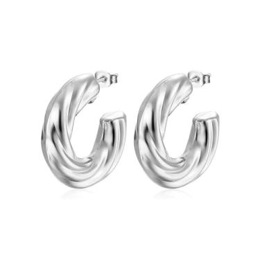 Imagem de Brincos de argola em C redondos e chiques exclusivos para mulheres, espesso, hipoalergênico, banhado a ouro 18 K, simples, leve, moderno, joias delicadas, festa de formatura para ela, Medium, Metal