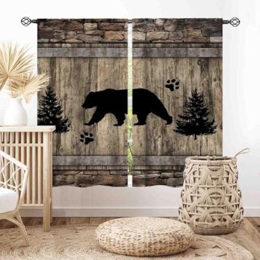 Imagem de Cortinas rústicas para cabana, casa de fazenda, retrô, tábua, madeira, pinheiro, urso, silhueta rural, chalé, vintage, blackout para janela, tratamentos para quarto, sala de estar, cozinha, banheiro