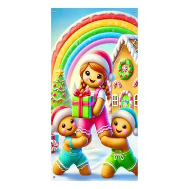 Imagem de BlissYard Pão de gengibre Feliz Natal Capa de porta 99 x 188 cm Faixa decorativa festiva de porta com árvore de Natal masculina arco-íris de pão de gengibre para exibições de varanda de inverno em