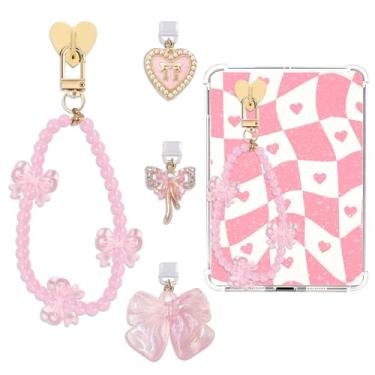 Imagem de TAKEALOOKO Correntes com plugue de poeira para Kindle - 4 peças de pulseiras de telefone com laço rosa com kit de plugue de poeira tipo C para amantes de livros, pingentes estéticos Y2K compatíveis