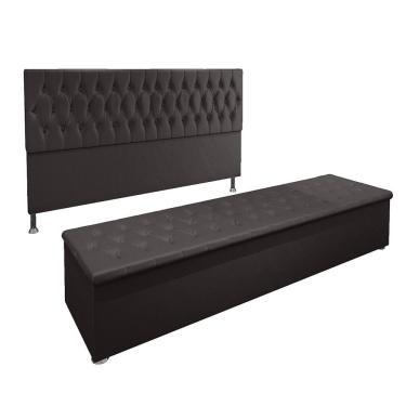 Imagem de Conjunto Cabeceira Casal e Recamier Baú 1,95m Suede Marrom