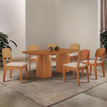 Imagem de Mesa De Jantar Eloise 180cm Tampo Mdf 6 Cadeiras Moderna Veludo Creme/naturale