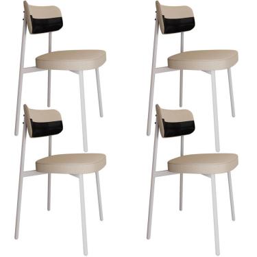 Imagem de Kit 04 Cadeiras Estofada Para Sala De Jantar Astrid Branco C01 Linho Areia Courino Preto - Lyam Decor