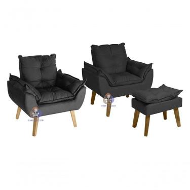 Imagem de Kit 02 Poltrona/cadeira Decorativa E Puff Glamour Com Pés Quadrado Preto