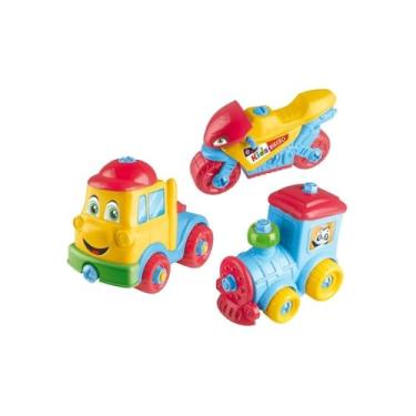 Imagem de Kit Brinquedo Infantil Educativo, Caminhão e Trem Multicolorido, Plástico, 19cm x 18cm, com Rodas Giratórias, para Crianças a partir de 3 Anos