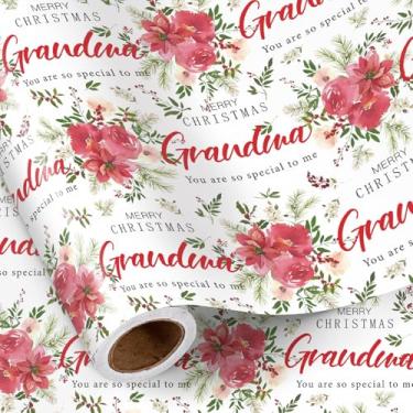 Imagem de RUSPEPA Rolo de papel de embrulho de Natal para vovó, mini rolo, Feliz Natal com flores vermelhas e folhas, You Are So Special to Me, embrulho de presente de Natal para avó, mulheres, 43 cm x 40
