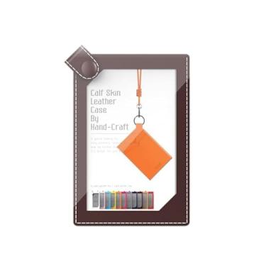 Imagem de SLG Lucen Porta-cartões de identificação de couro de bezerro feito à mão – Carteira fina para cartão com alça removível, dois bolsos traseiros para cartão, design colorido elegante para escritório e