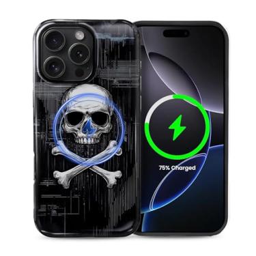 Imagem de Zhhoya Capa protetora para iPhone 16 Pro Max, estampa de caveira Cyberpunk, brilhante, à prova de choque, magnética, engraçada, estética, antiarranhões, capa protetora