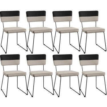 Imagem de Kit 08 Cadeiras Estofada Faixa Corano Preto Linho Bege