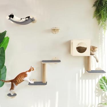 Imagem de FUKUMARU Prateleiras de parede para gatos, conjunto de móveis de madeira estável de 5 peças, gatinho escalador com rede, casa, degraus, poste para arranhar (cinza)