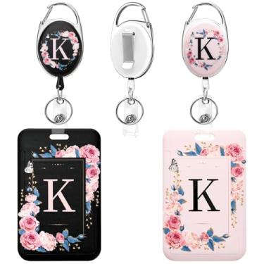 Imagem de Soleebee Pacote com 2 porta-crachás de identificação A-Z com carretel retrátil, lindos emblemas de identificação preto e rosa, chaveiro durável, carretel de crachá resistente para enfermeiras