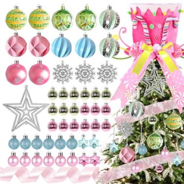 Imagem de Conjunto de 52 peças de enfeite de árvore de Natal, bengalas de doces de Natal, chapéu rosa com fita de laço e bolas para pendurar na cor macaron para decoração de árvore de festa de Natal