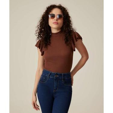 Imagem de Blusa Feminina Manga Curta Babado Marisa-11021, Marrom, PP