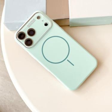 Imagem de SFDSUH Capa de silicone líquido de luxo para iPhone 16 com lente de vidro, carregamento magnético, capa macia e resistente a impactos (para iPhone 16/ciano claro)